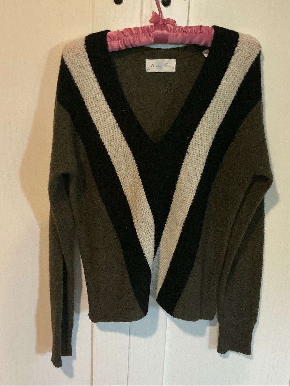 A.L.C. Olive V-Neck Sweater with Black and Cream Chevron Stripes